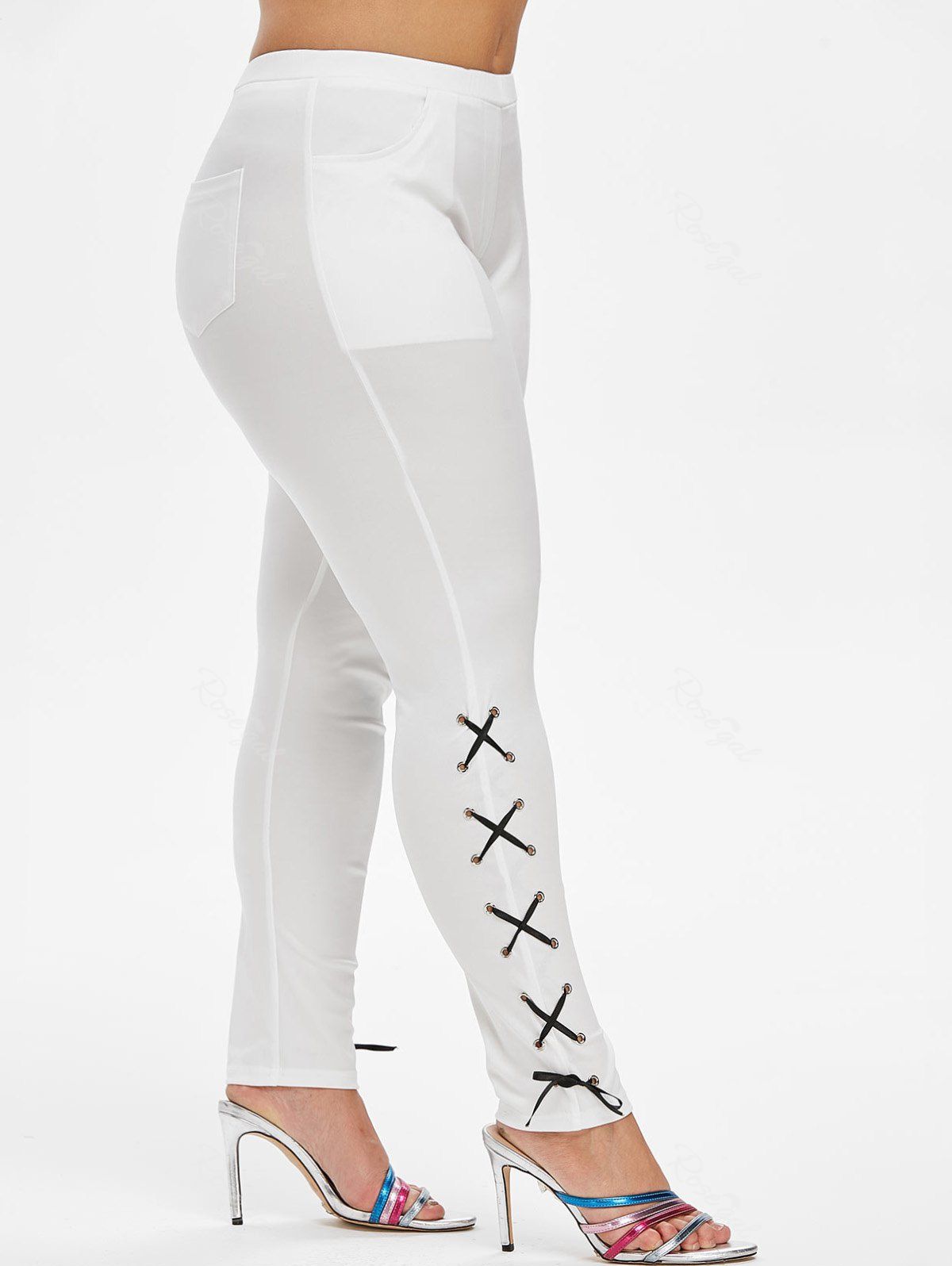 

Pockets Lace Up Side Skinny Plus Size Pants, White