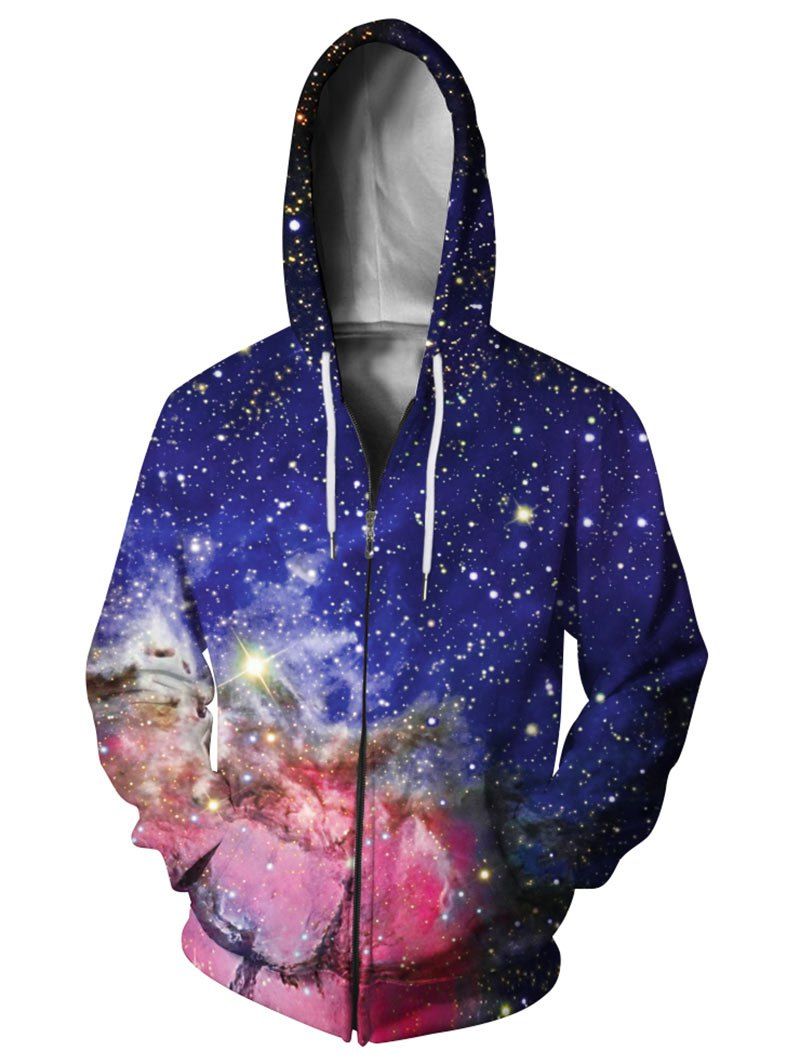 

Starry Sky Print Drawstring Zipper Hoodie, Multi-a