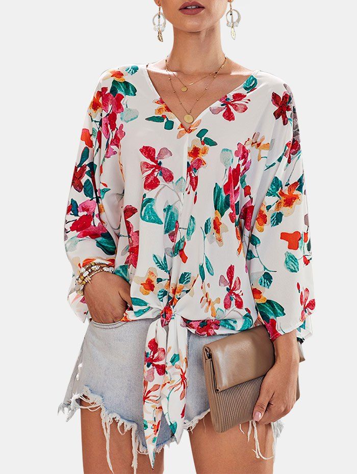 

Floral Printed Self-tie Wide Sleeve Blouse, White