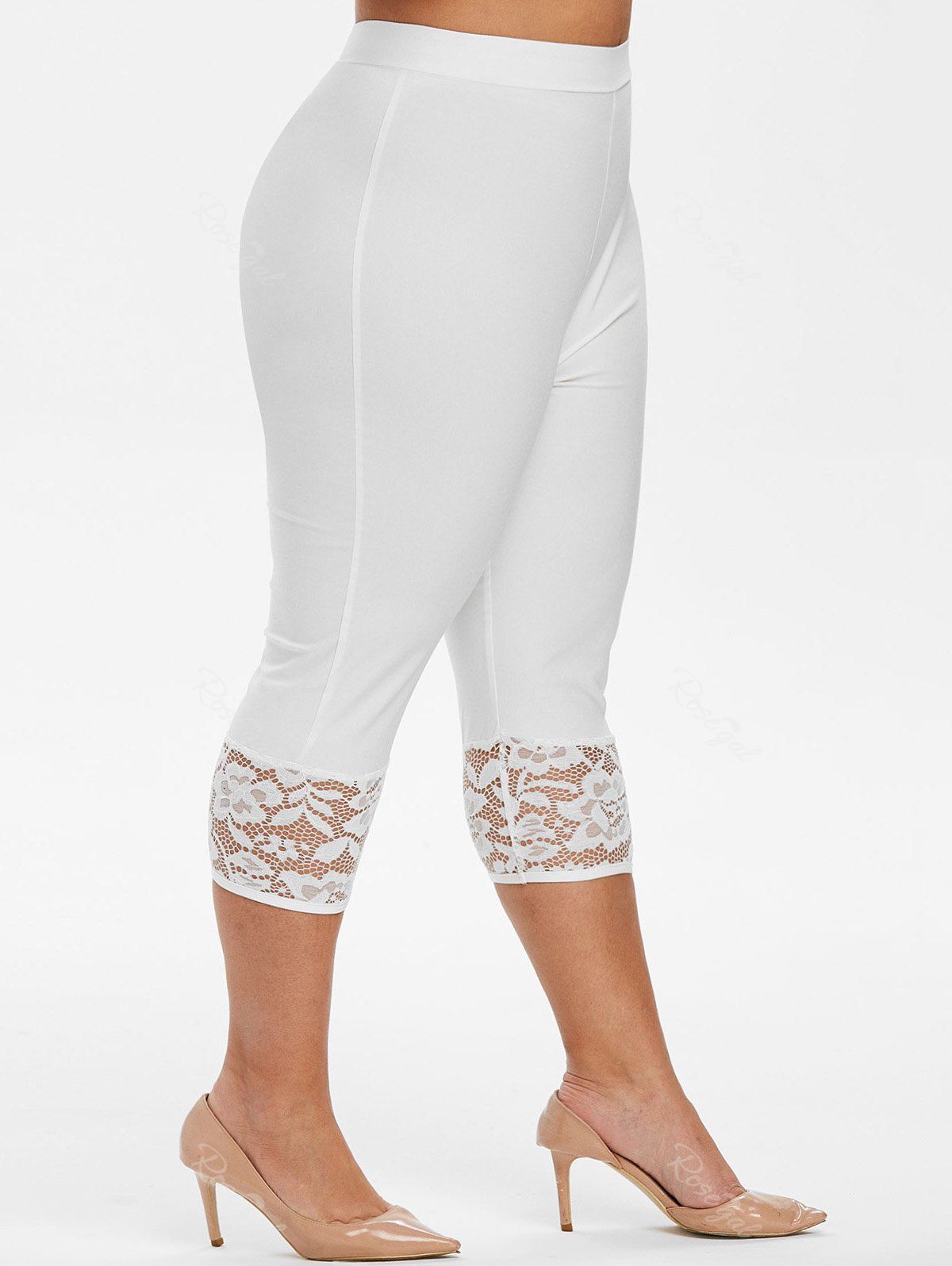 

High Waisted Capri Lace Panel Plus Size Pants, White