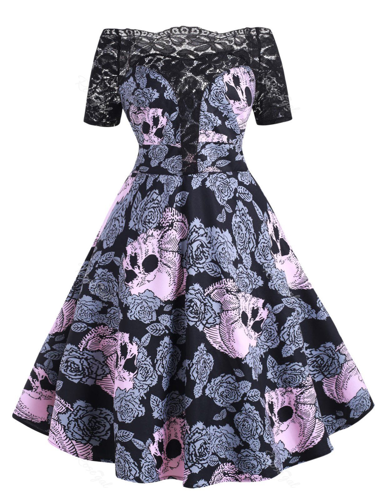 

Halloween Lace Panel Floral Skull Off Shoulder Plus Size Dress, Black