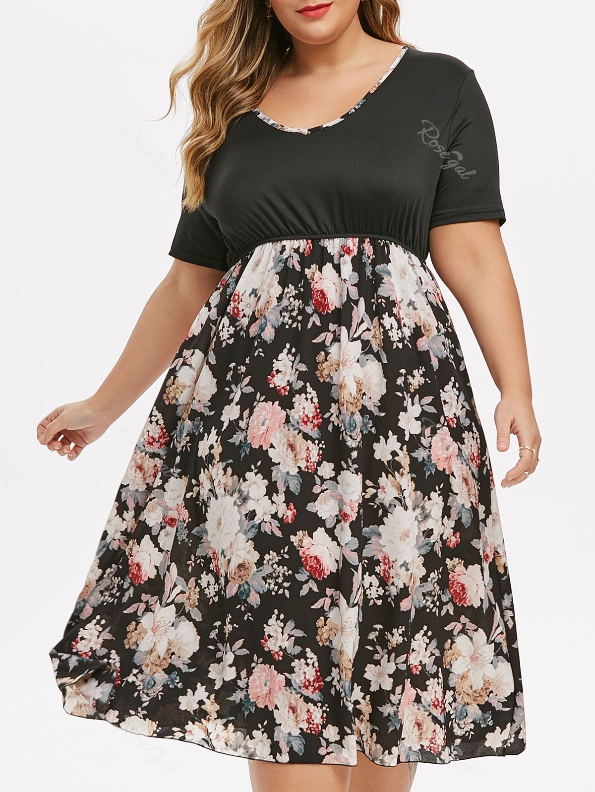 

Elastic Waist V Neck Contrast Floral Plus Size Dress, Black