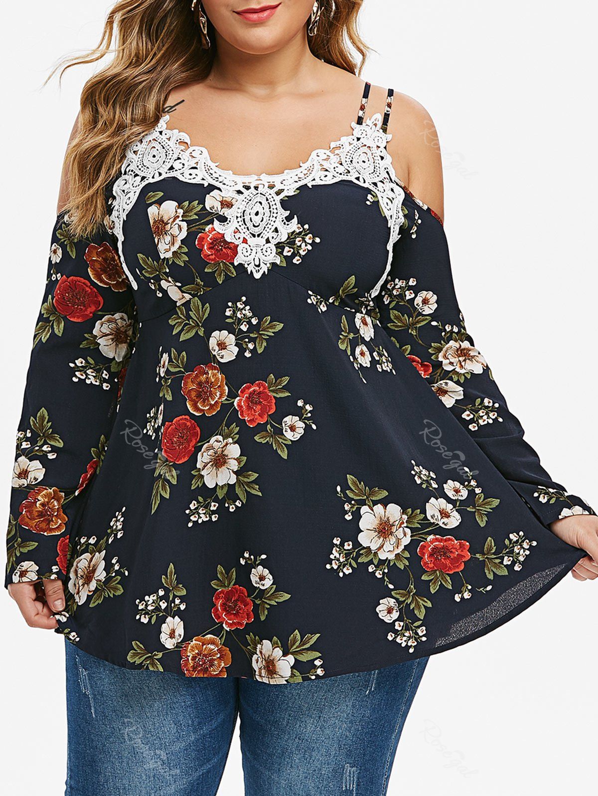 

Plus Size Strappy Cold Shoulder Floral Print Lace Insert Blouse, Cadetblue