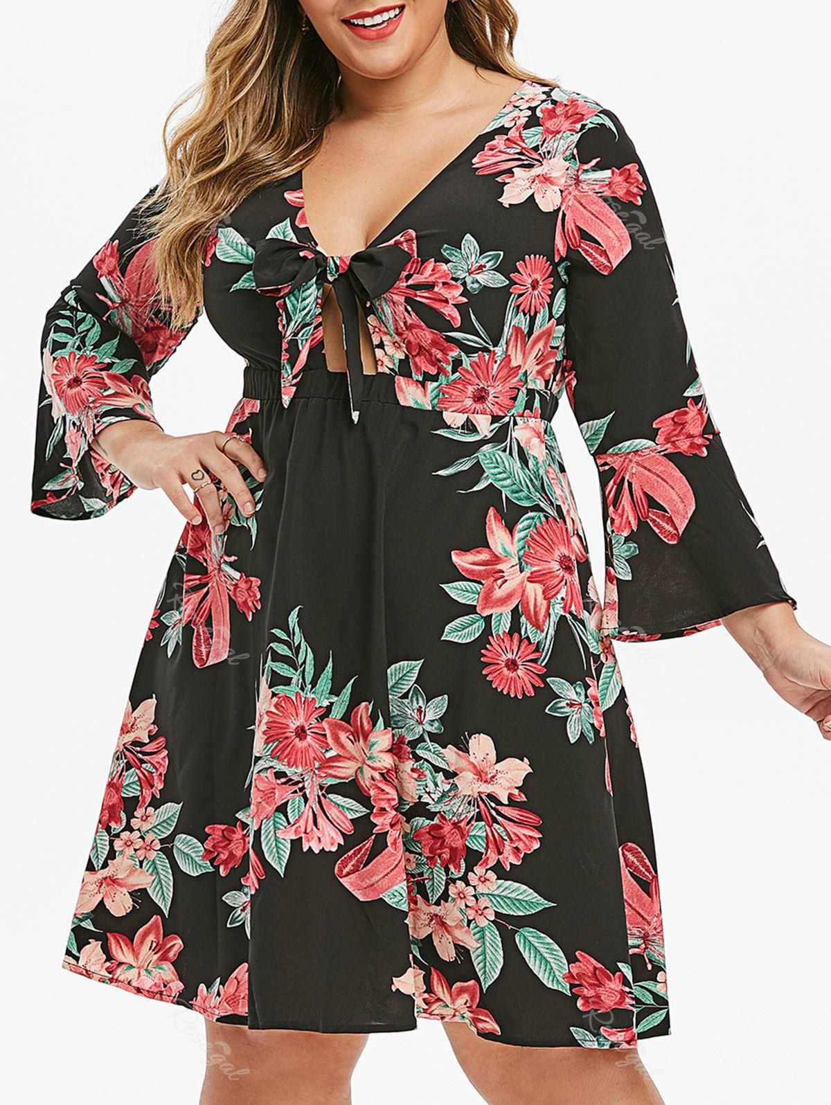 Plus Size Low Cut Front Knot Floral Dress [36% OFF] | Rosegal