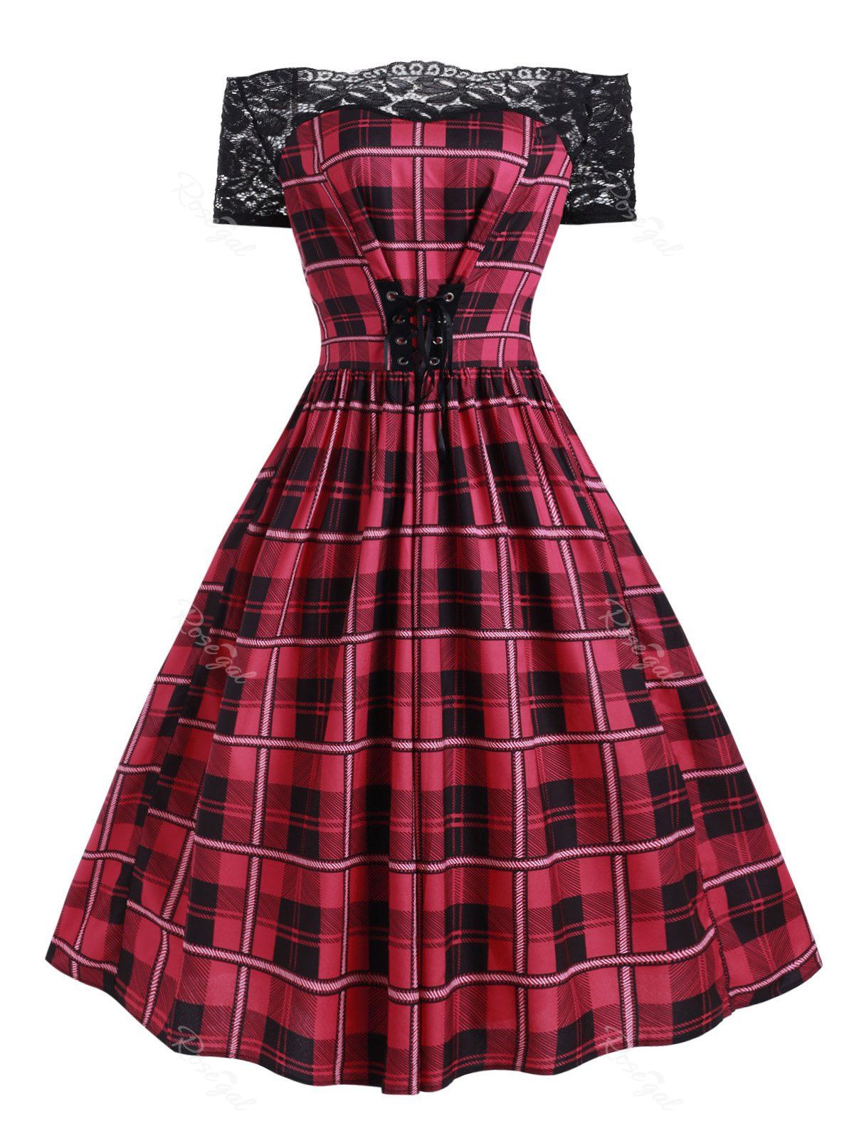 

Lace Panel Off Shoulder Lace Up Plaid Plus Size Dress, Red