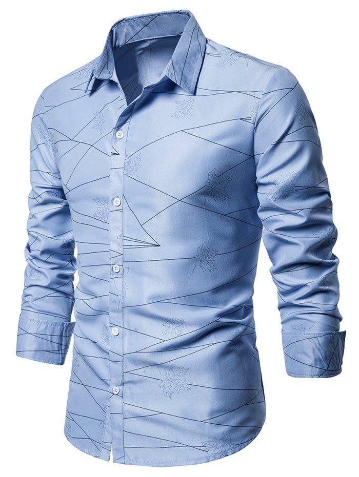 

Leaf Line Print Button Down Casual Shirt, Pastel blue