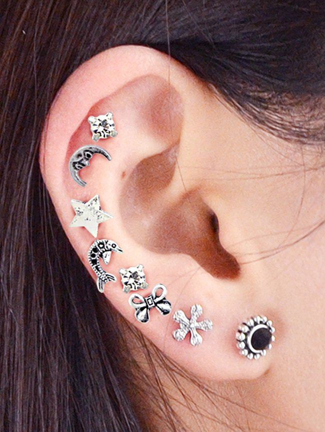 

Ethnic Moon Star Bow Rhinestone Stud Earring Set, Silver