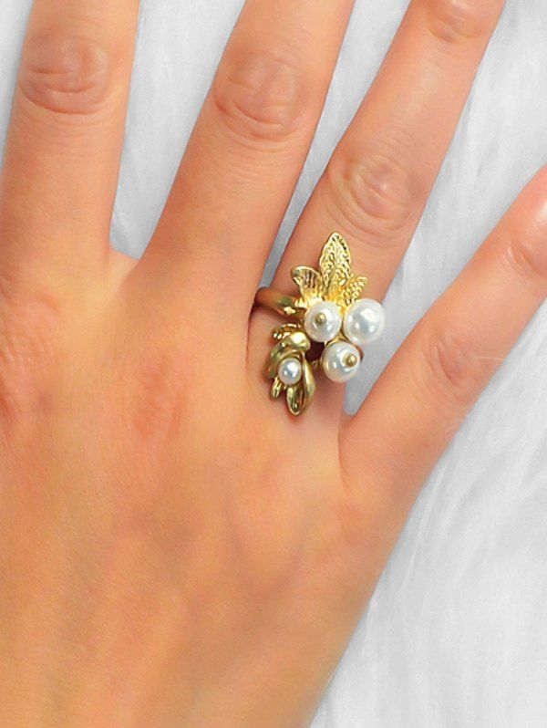 

Faux Pearl Leaf Engraved Alloy Ring, Gold