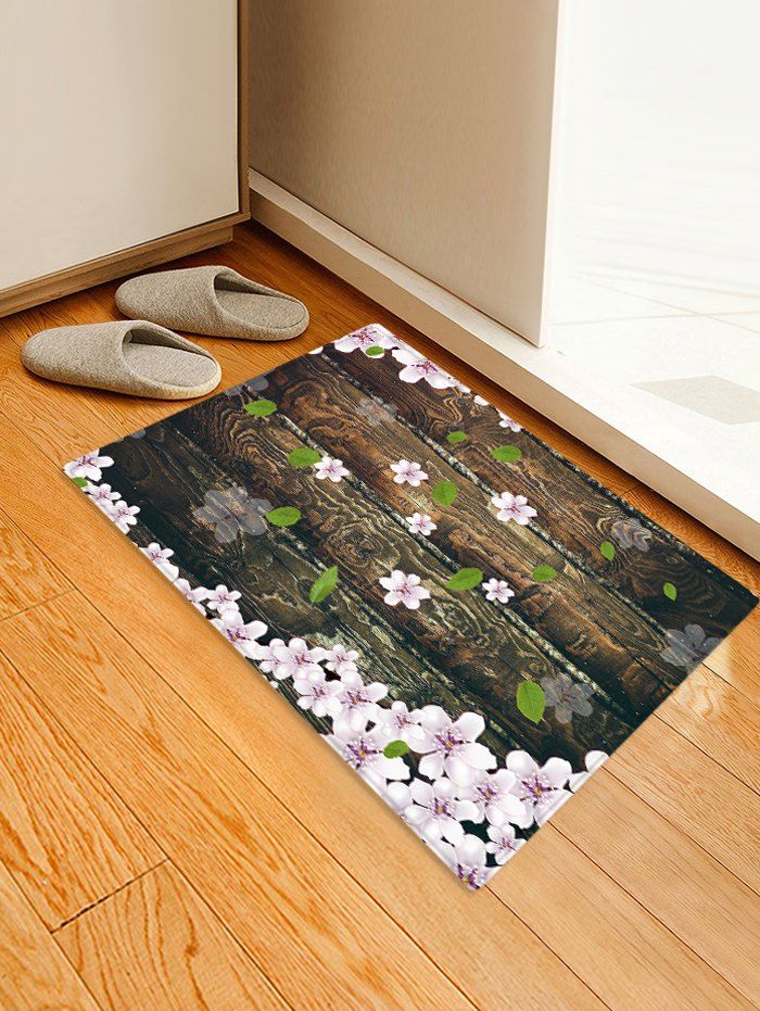 Wooden Board Flowers Patterned Water Absorption Area Rug