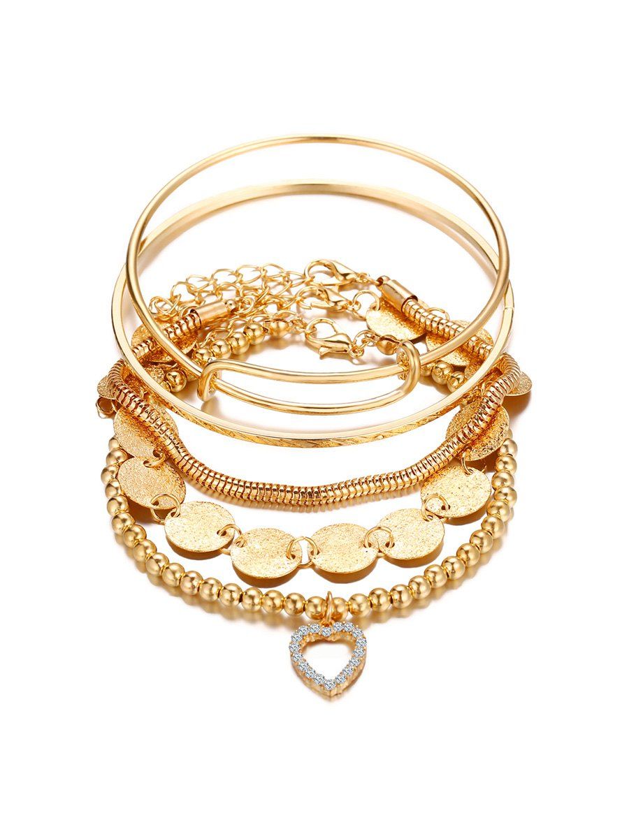 

5 Piece Heart Disc Chain Beaded Bracelet Set, Gold