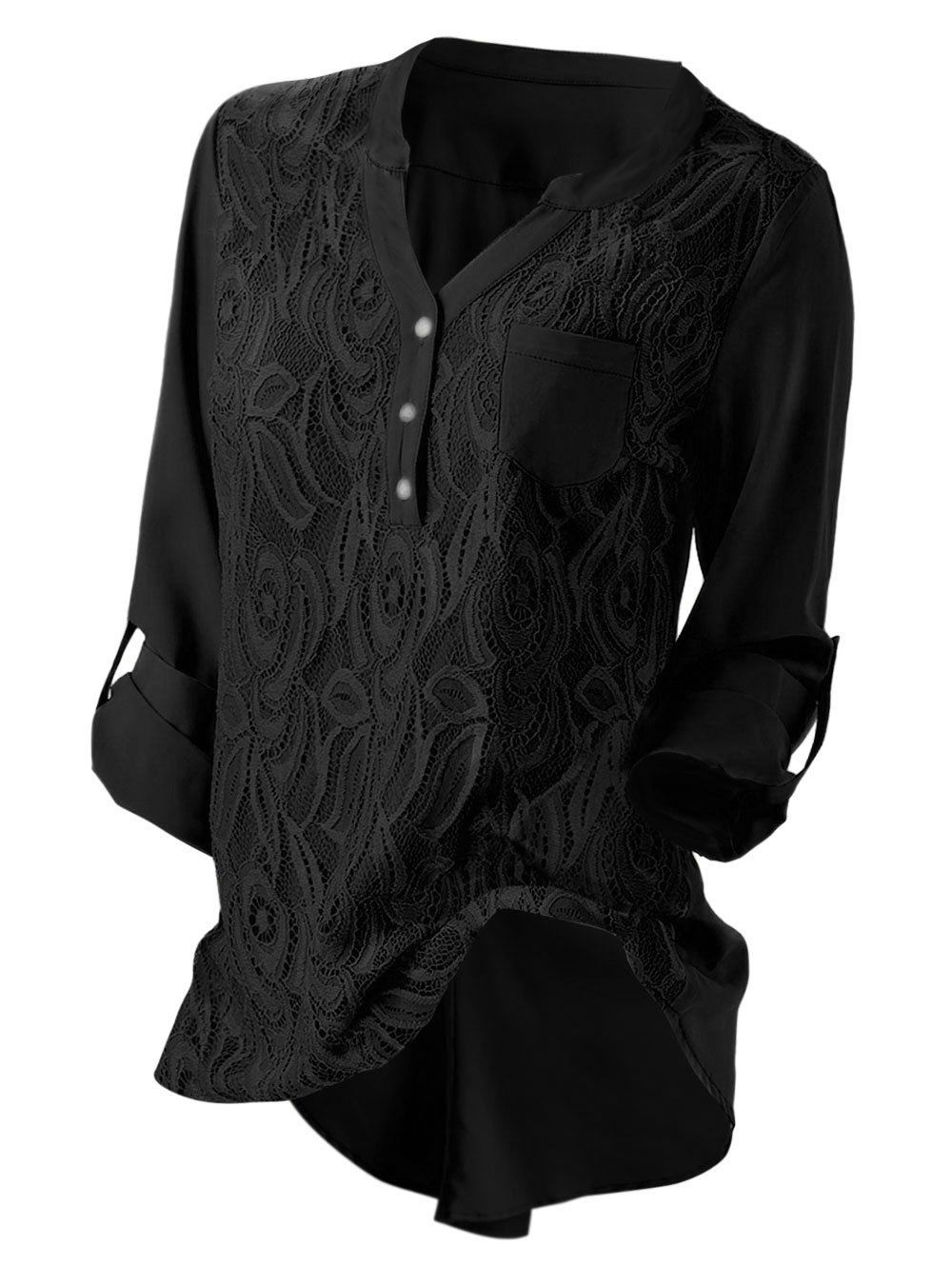 

Plus Size Roll Up Sleeve Lace Panel High Low Pockets Blouse, Black
