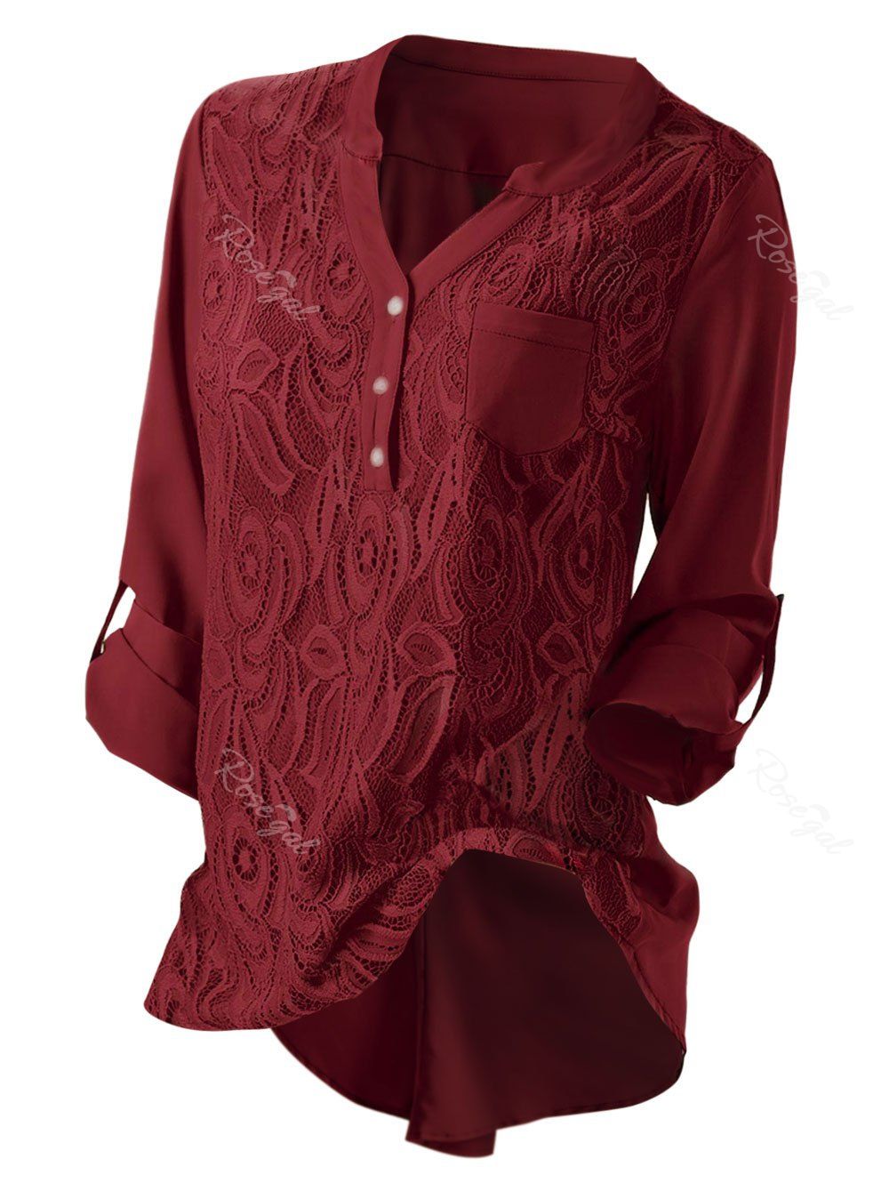 

Plus Size Roll Up Sleeve Lace Panel High Low Pockets Blouse, Red wine