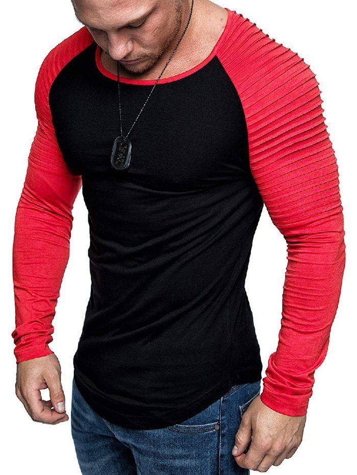 

Pleated Shoulder Raglan Sleeve Long Sleeve Tee, Multi-a