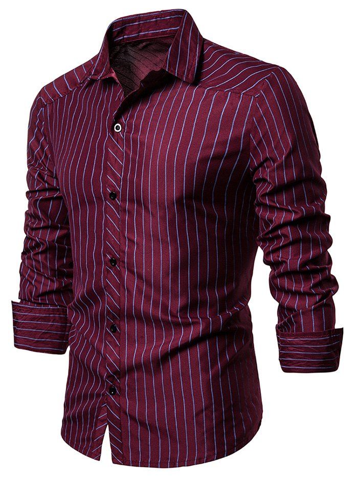 

Contrast Pinstriped Button Up Long Sleeve Shirt, Red wine