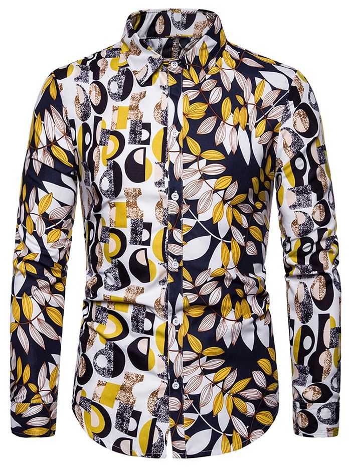

Geometric Leaf Asymmetrical Print Button Up Shirt, Multi