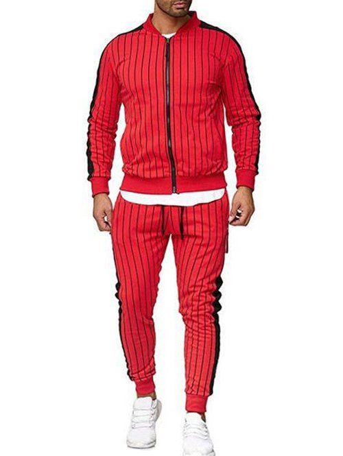 

Striped Print Casual Sports Suit, Red