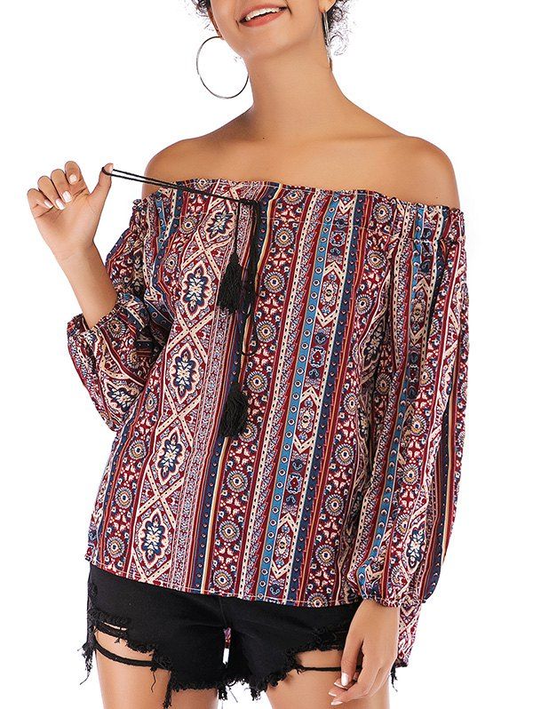

Off Shoulder Tassel Tunic Blouse, Multi