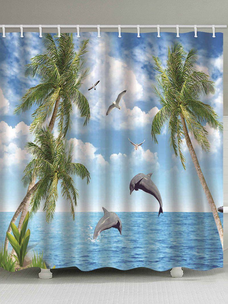 

Sea Coconut Tree Dolphin Print Waterproof Shower Curtain, Multi-b