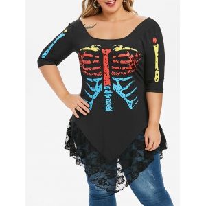 

Plus Size Rainbow Skeleton Print Gothic Halloween T-shirt, Black