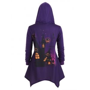 

Plus Size Bat Pumpkin Print Asymmetrical Halloween Coat, Purple iris