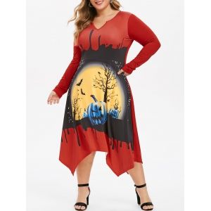 

Plus Size Pumpkin Bat Print V-notch Halloween Dress, Red