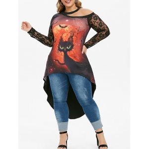 

Plus Size Lace Panel Cat Halloween Choker Tee, Black