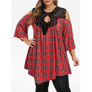 

Plus Size Open Shoulder Lace Crochet Plaid Keyhole T-shirt, Multi a