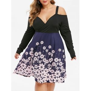 

Plus Size Floral Cold Shoulder Surplice Dress, Midnight blue