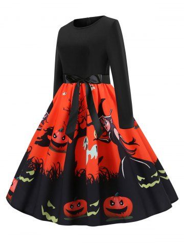 

Plus Size Pumpkin Ghost Printed Halloween Retro Swing Dress, Multi-a