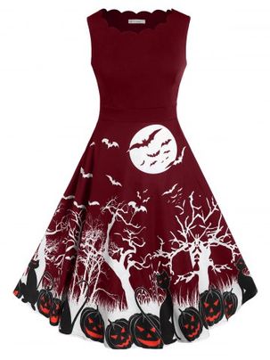 Plus Size Retro Pumpkin Bat Print Halloween Dress