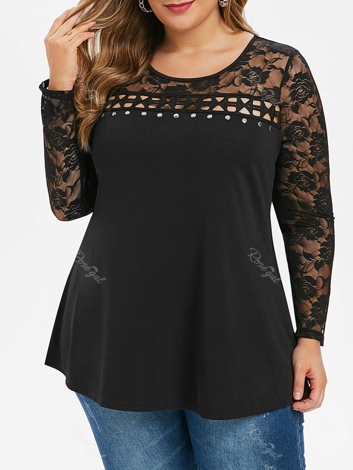 Plus Size See Thru Lace Insert Solid T Shirt [35% OFF] | Rosegal