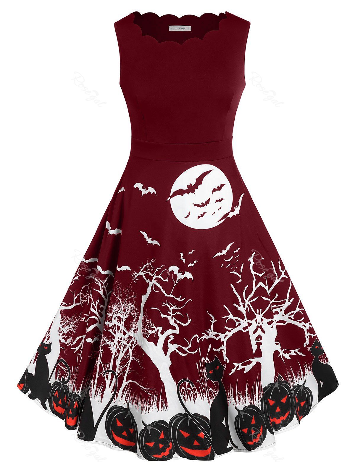 Cheap Plus Size Retro Pumpkin Bat Print Halloween Dress  