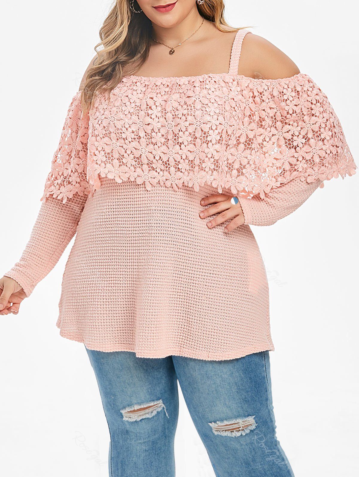 

Plus Size Lace Overlay Open Shoulder Knitwear, Pink