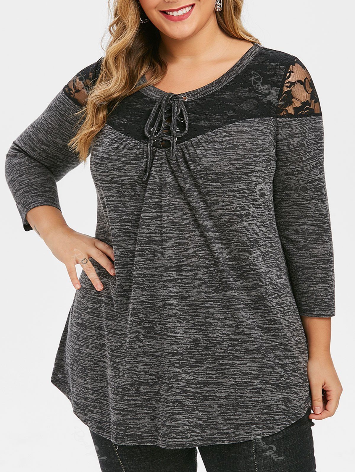 

Plus Size Marled Lace Up Tunic T-shirt, Dark slate grey