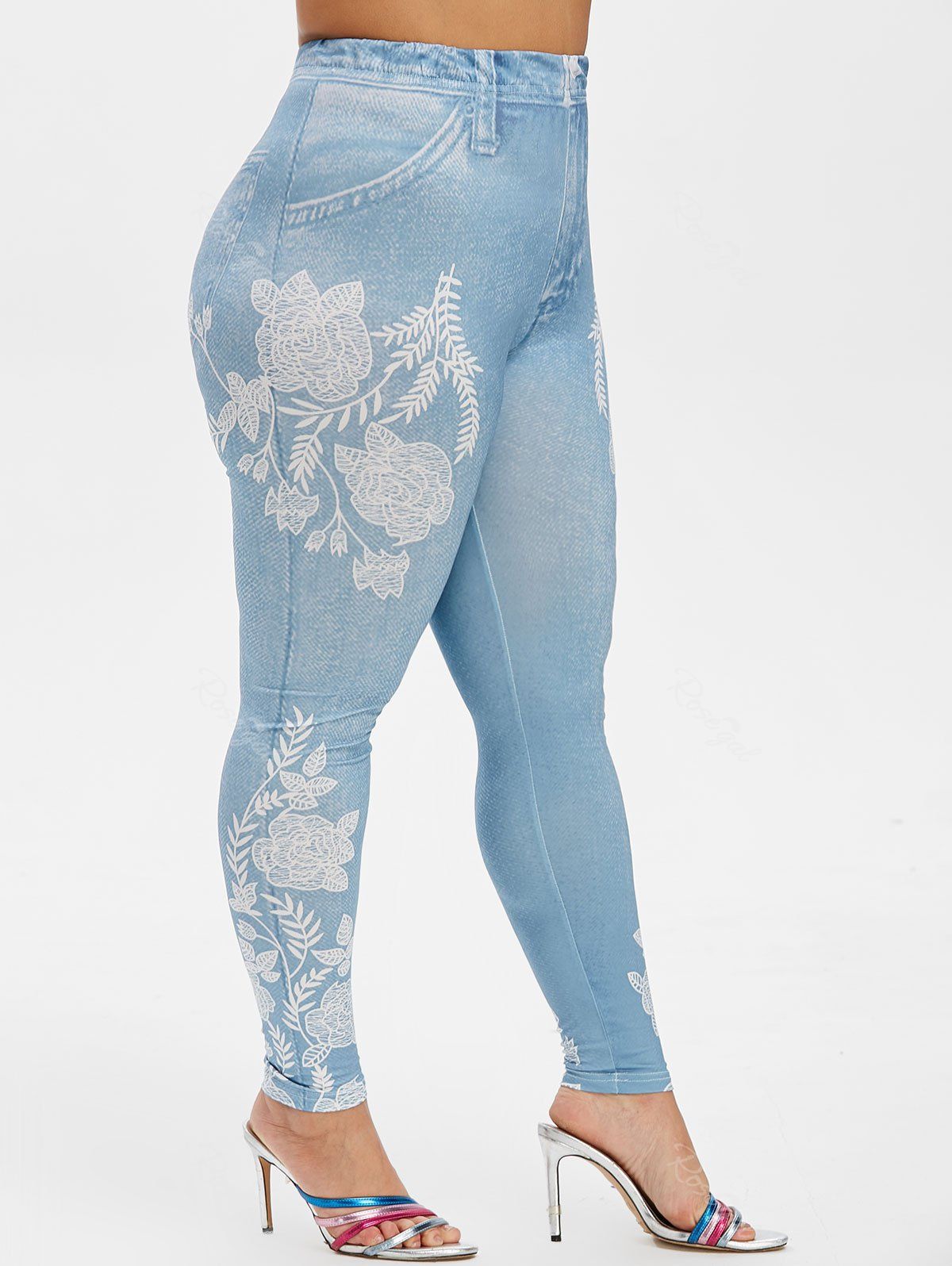 

Plus Size Flower Print Skinny Jeggings, Blue gray