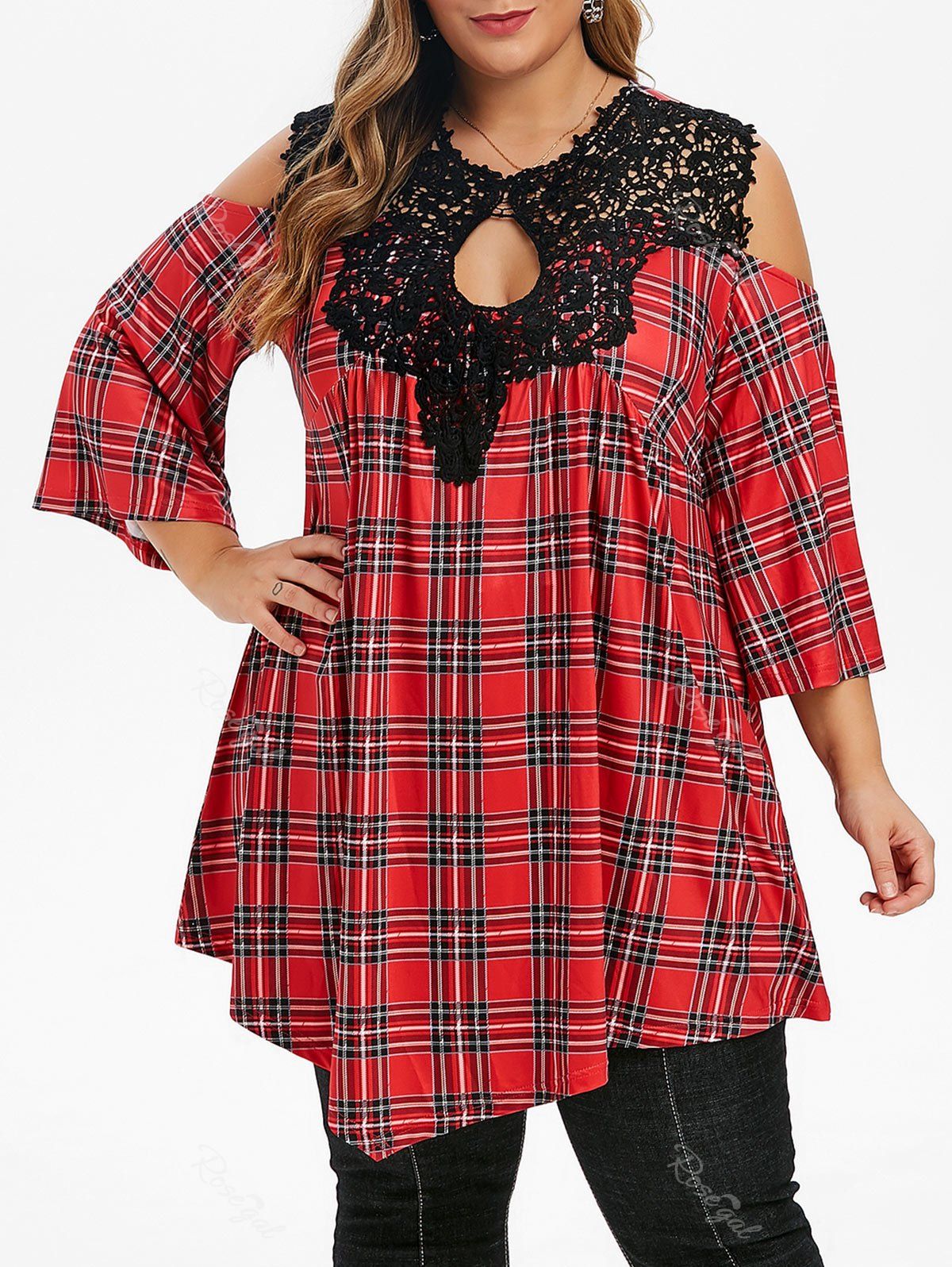 

Plus Size Open Shoulder Lace Crochet Plaid Keyhole T-shirt, Multi-a