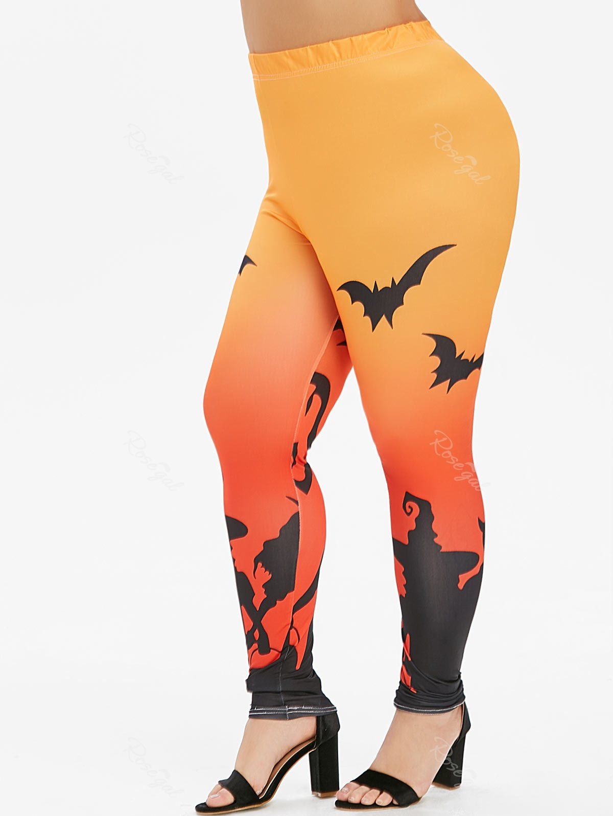 

Plus Size Ombre Bat Ghost Print Halloween Leggings, Halloween orange