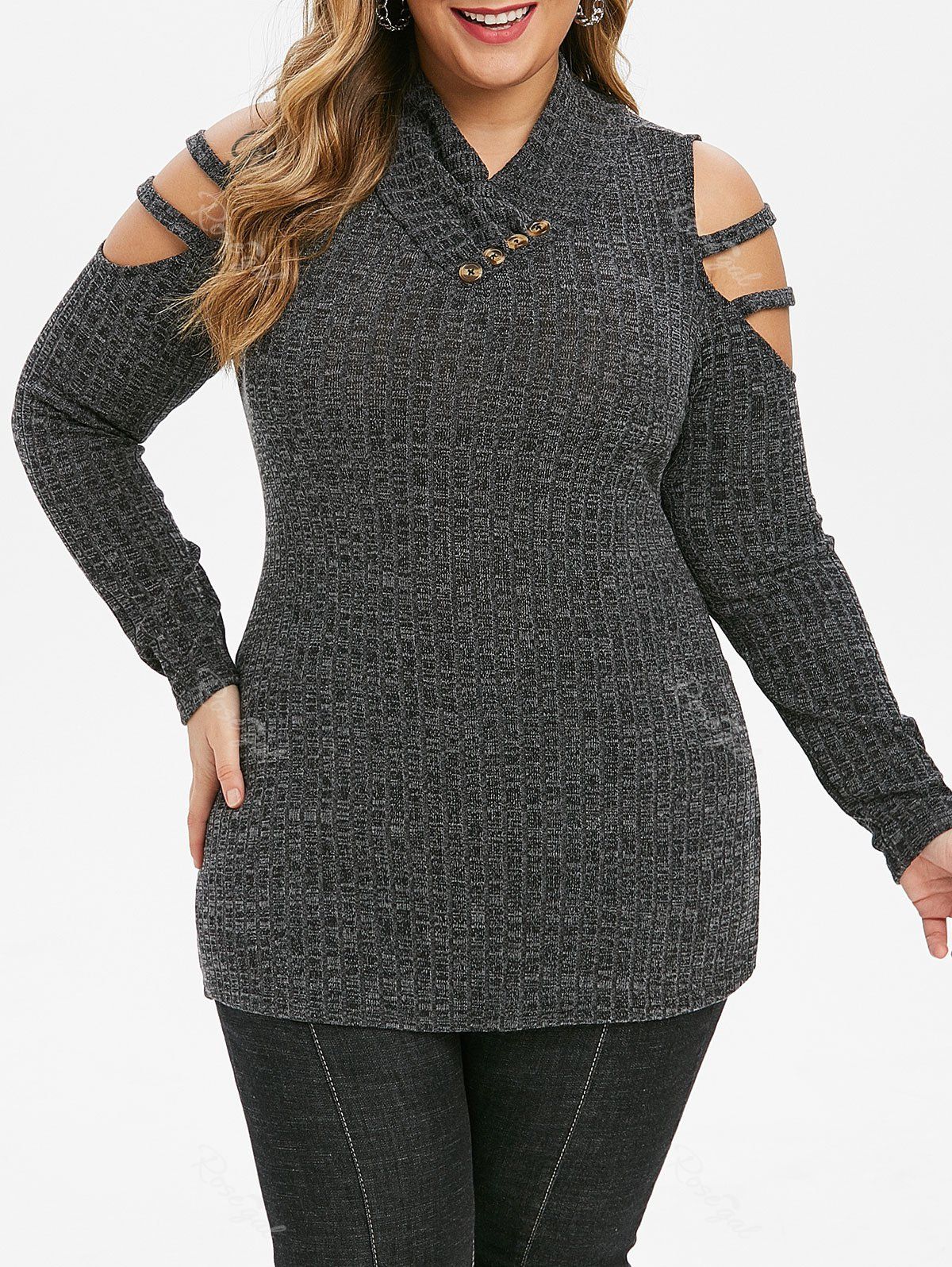 

Plus Size Button Embellished Lattice Cold Shoulder Knitwear, Ash gray