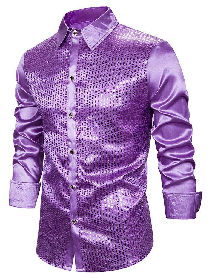 

Glitter Sequined Button Up Long Sleeve Shirt, Purple