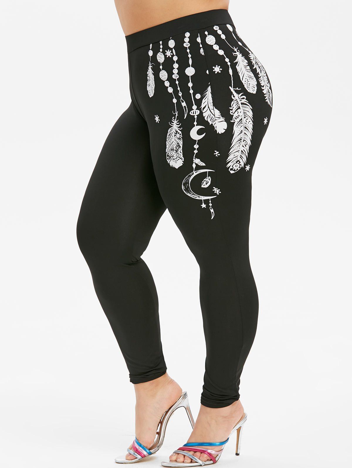 

Plus Size Feather Print Skinny Leggings, Black