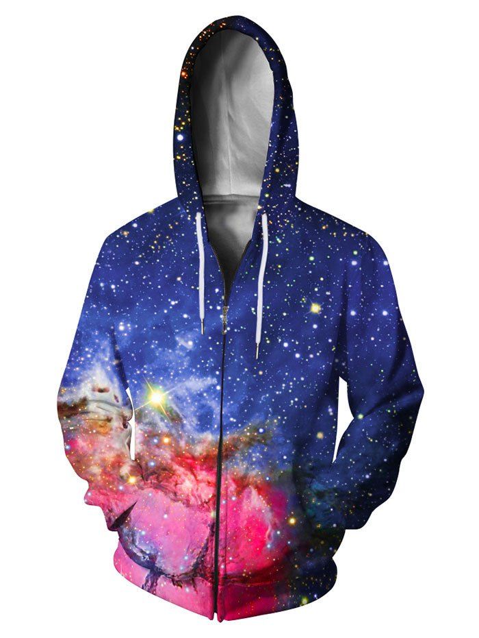 

Starry Sky Pocket Drawstring Zipper Hoodie, Multi