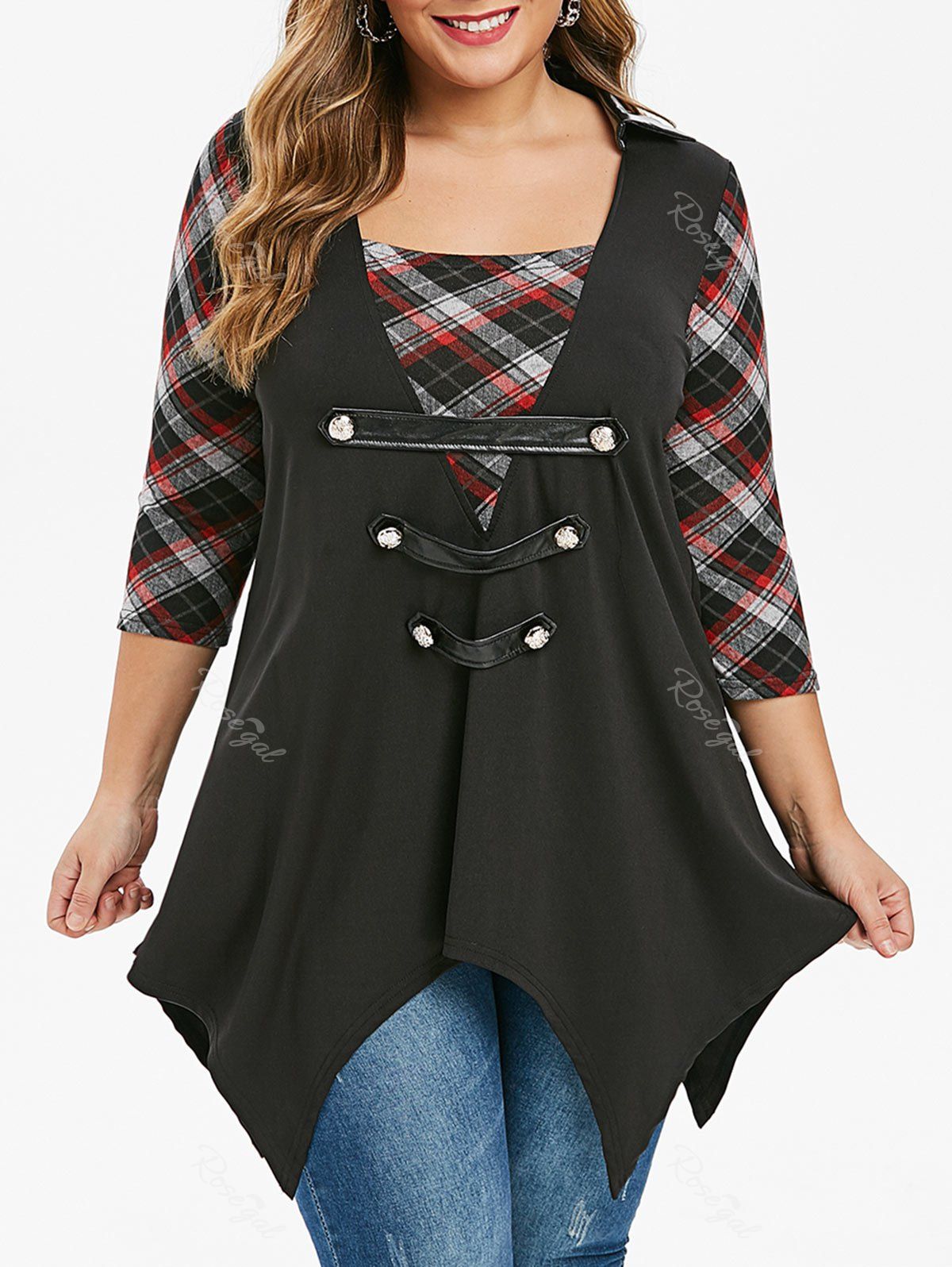 

Plus Size Buttons Plaid Asymmetric Tee, Multi