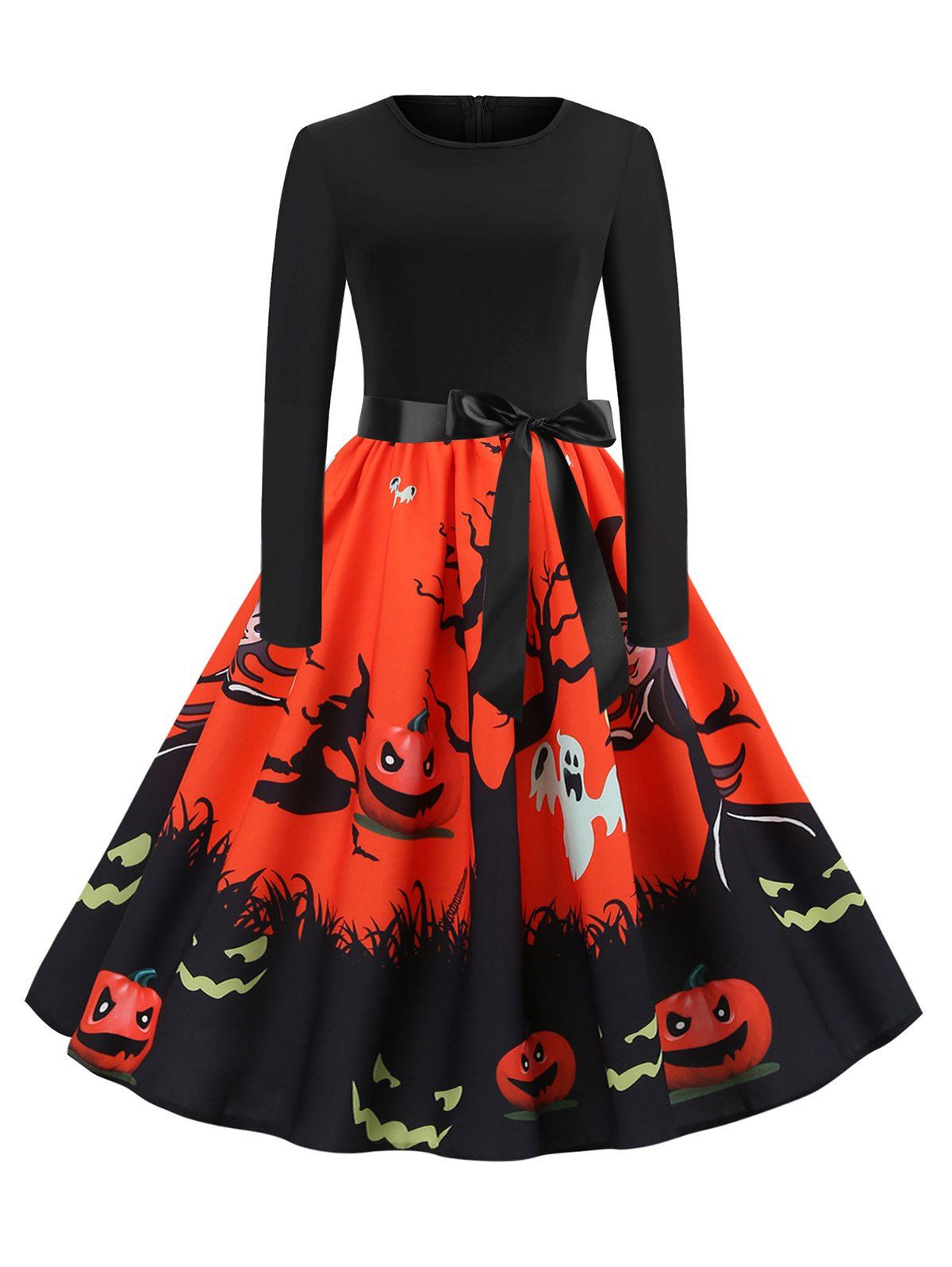 

Plus Size Pumpkin Ghost Printed Halloween Retro Swing Dress, Multi-a