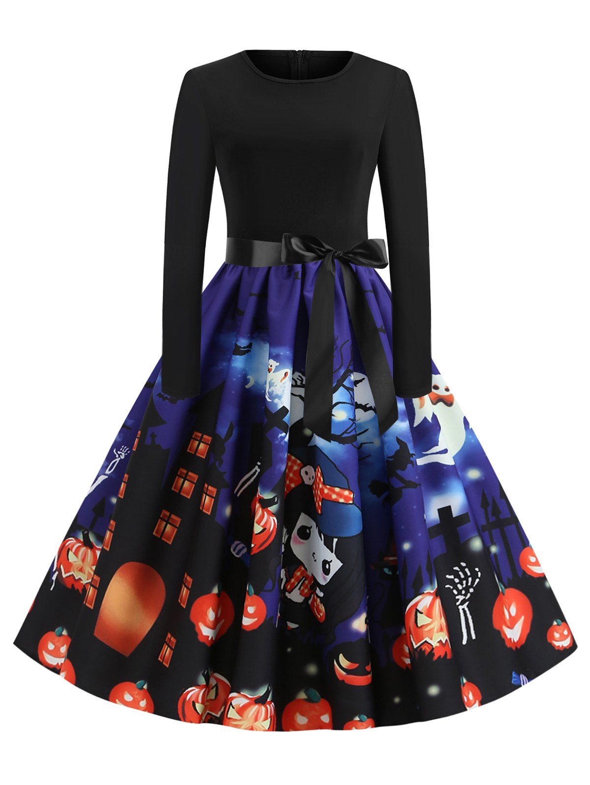

Plus Size Pumpkin Ghost Printed Halloween Retro Swing Dress, Multi-c