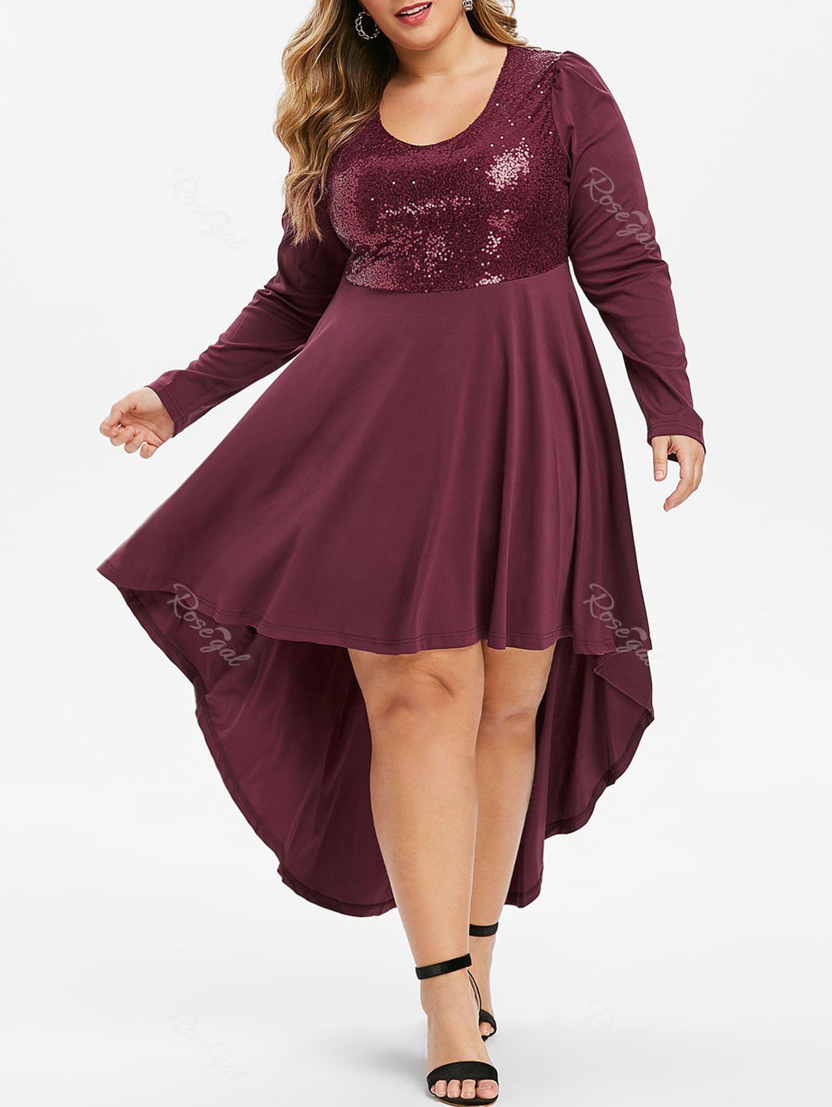 

Plus Size High Low Sequins Maxi Party Dress, Red wine