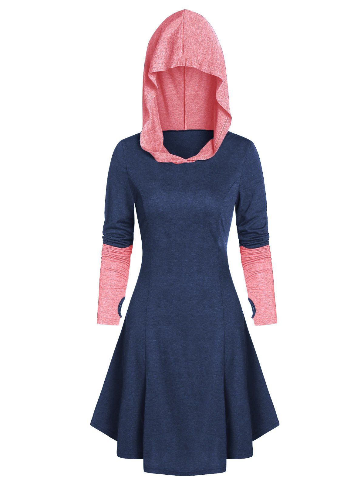 

Hooded Glove Sleeve Lace-up Contrast Dress, Midnight blue