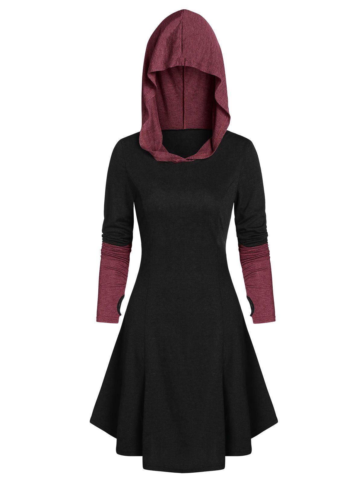 

Hooded Glove Sleeve Lace-up Contrast Dress, Black
