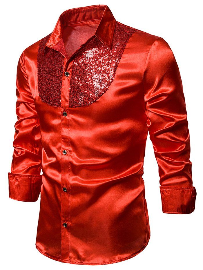 

Sequined Panel Button Up Long Sleeve Shirt, Red