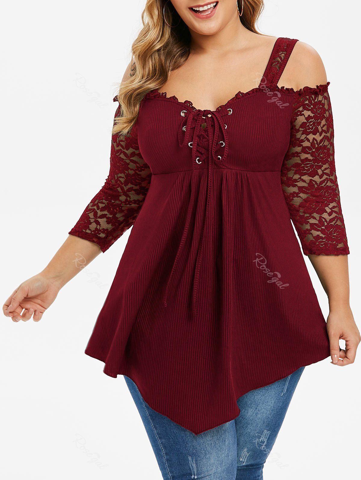 

Plus Size Lace Up Open Shoulder Ribbed T-shirt, Red wine