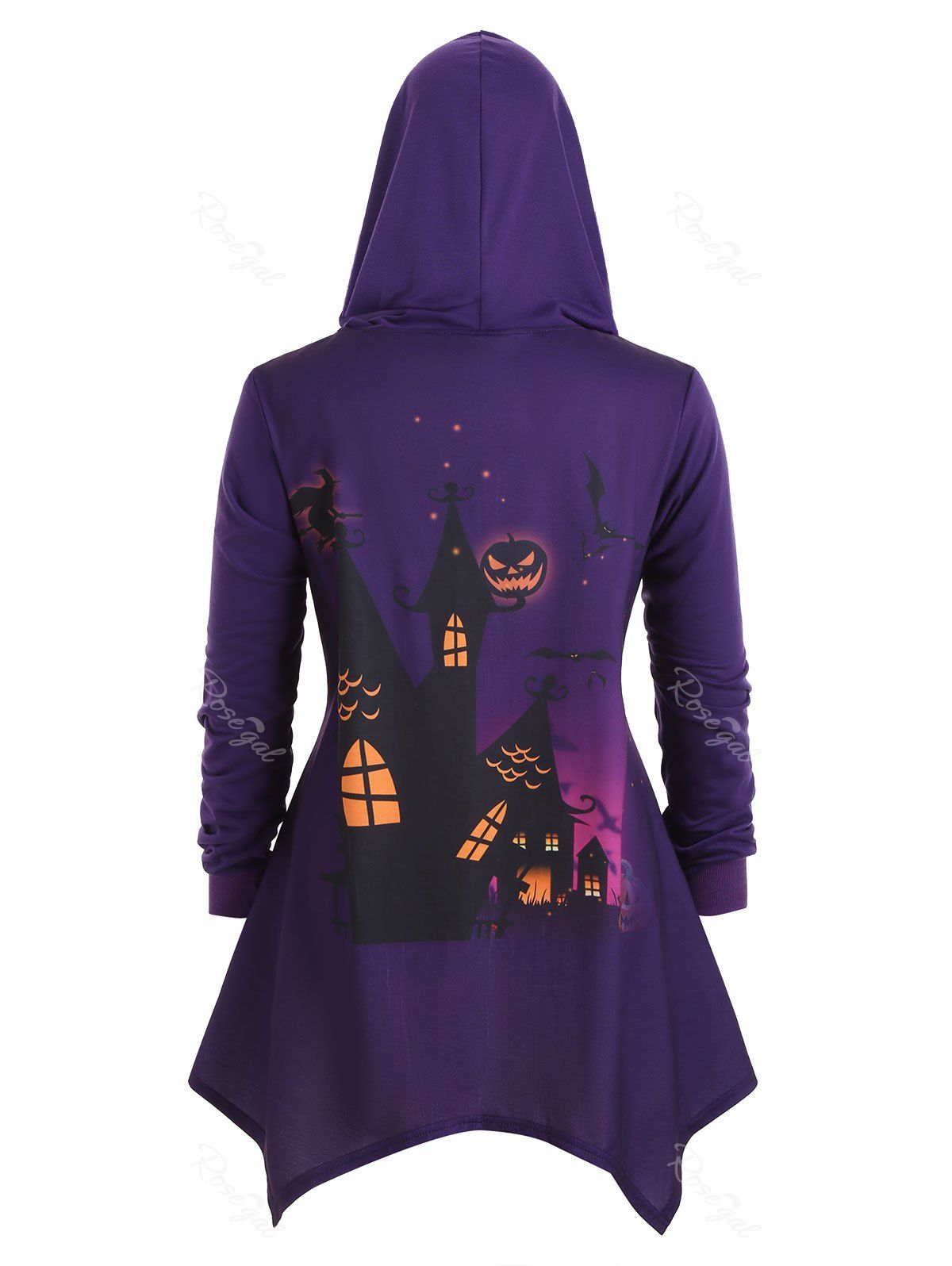 

Plus Size Bat Pumpkin Print Asymmetrical Halloween Coat, Purple iris